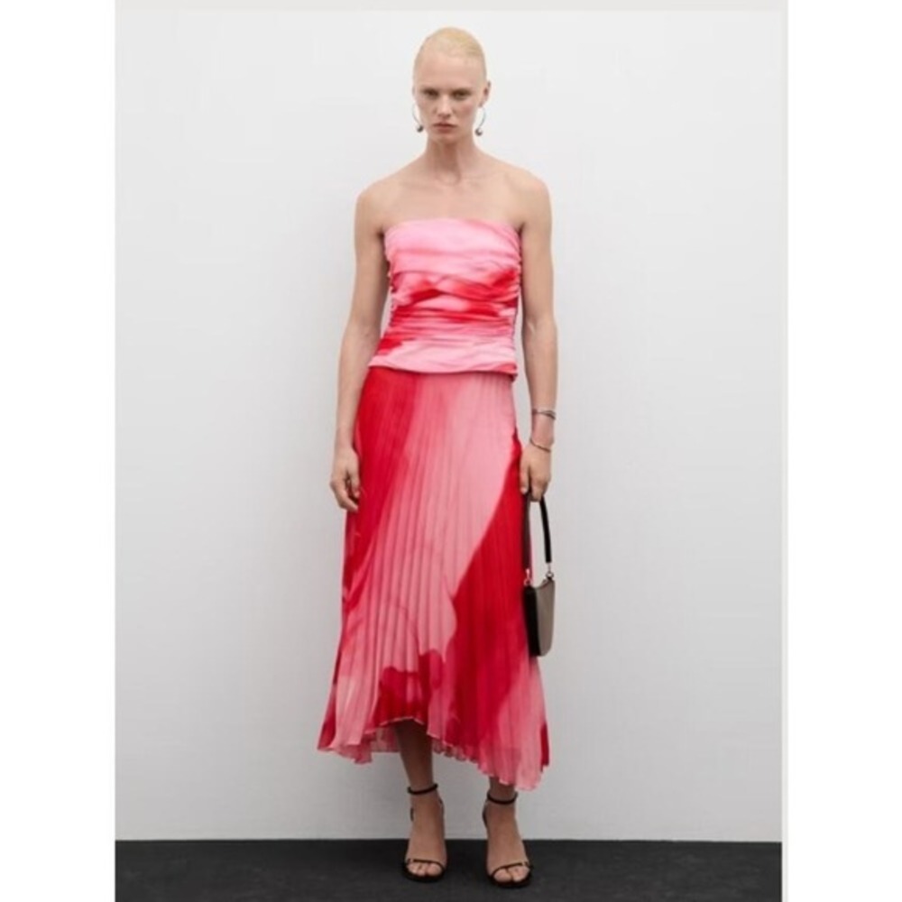 Mango MNG Falda Tulipan Italy Accordion Midi Skirt Size L Ombre Pink Pleated NWT - Picture 2 of 12